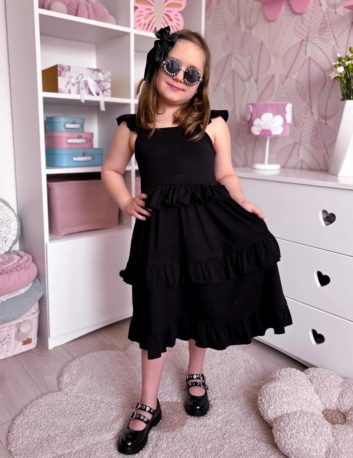 Arshiner Girls Dresses Ruffle Sleeve Tiered Casual Flowy Swing Tween Sundress with Pockets for Girls 5-13 Years