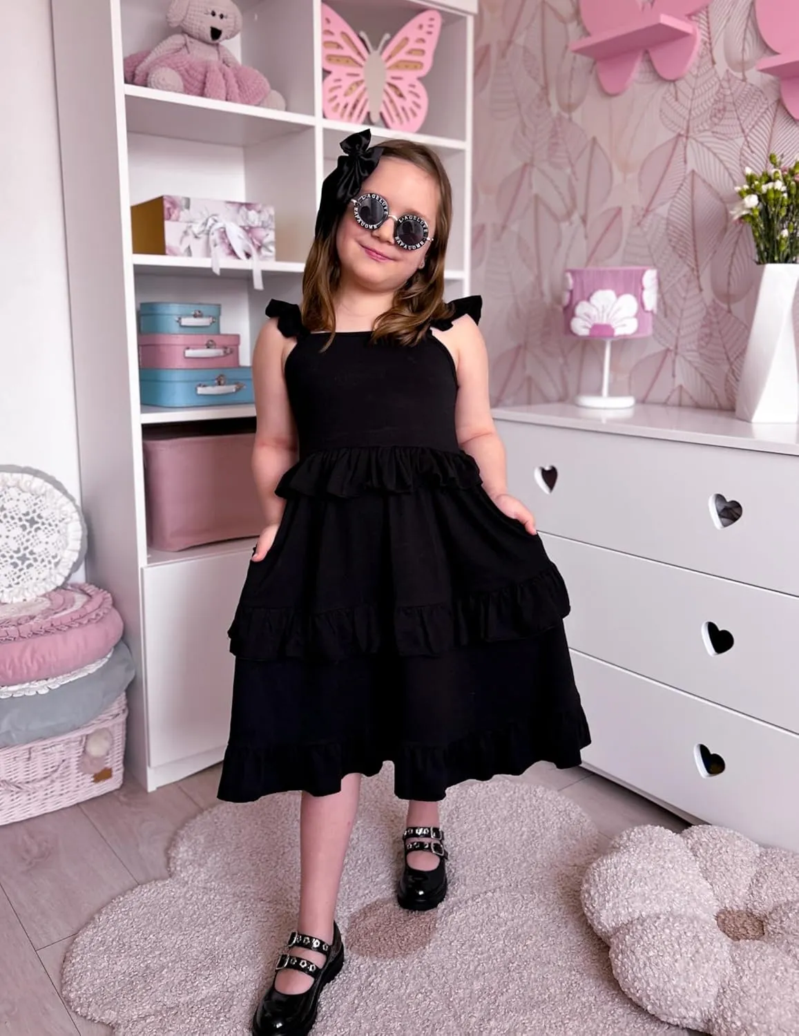 Arshiner Girls Dresses Ruffle Sleeve Tiered Casual Flowy Swing Tween Sundress with Pockets for Girls 5-13 Years