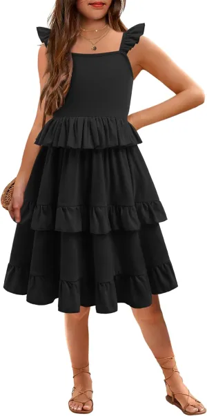 Arshiner Girls Dresses Ruffle Sleeve Tiered Casual Flowy Swing Tween Sundress with Pockets for Girls 5-13 Years