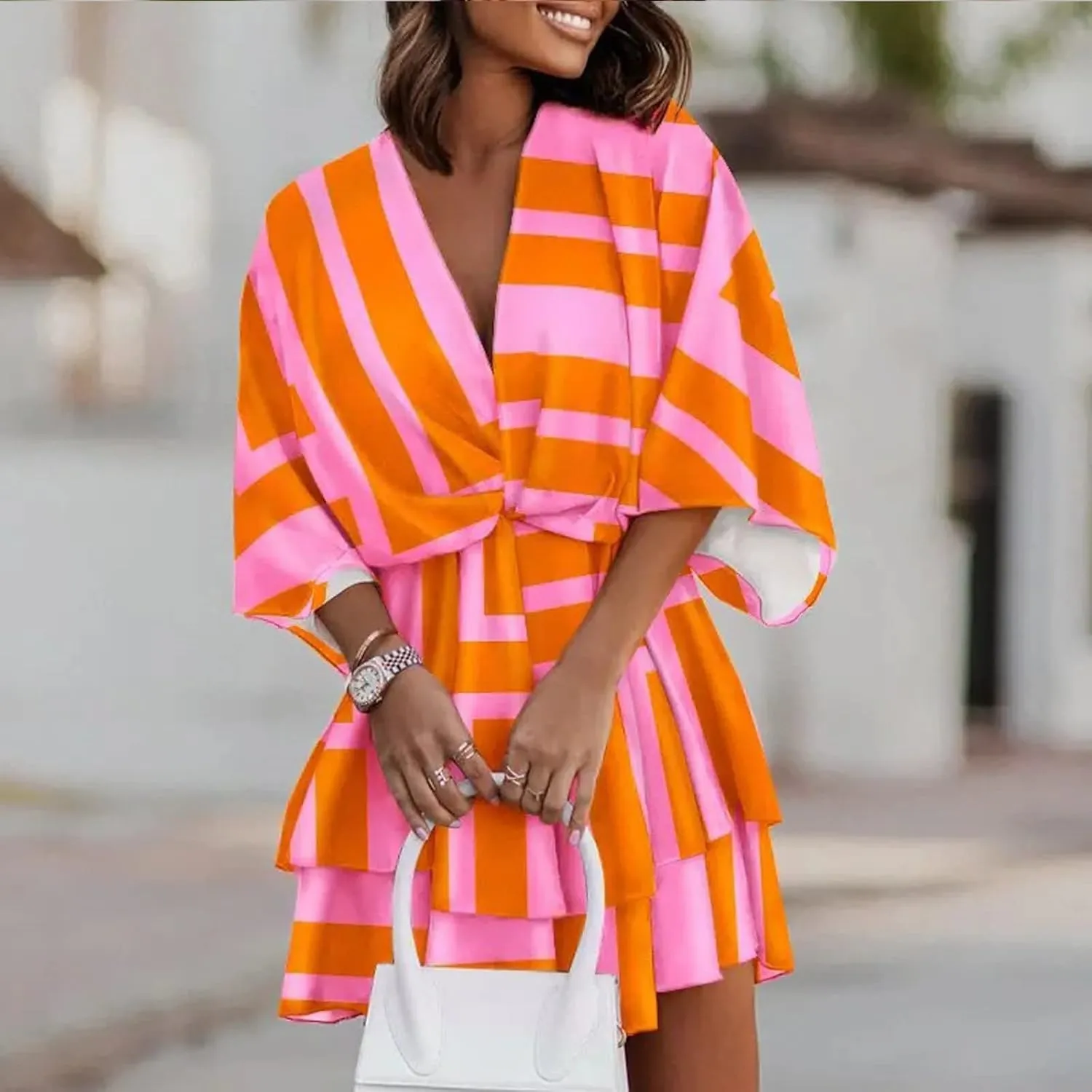 Beach Dresses for Women,2024 Summer Batwing Sleeve Floral Print Boho Dress,Casual V Neck Tiered Ruched Mini Dress