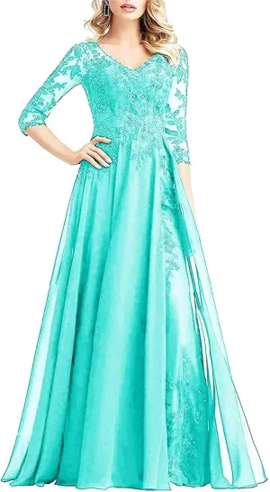 Beaded Appliques Mother of The Bride Dresses for Wedding Chiffon Long Formal Evening Dress with Sleeves