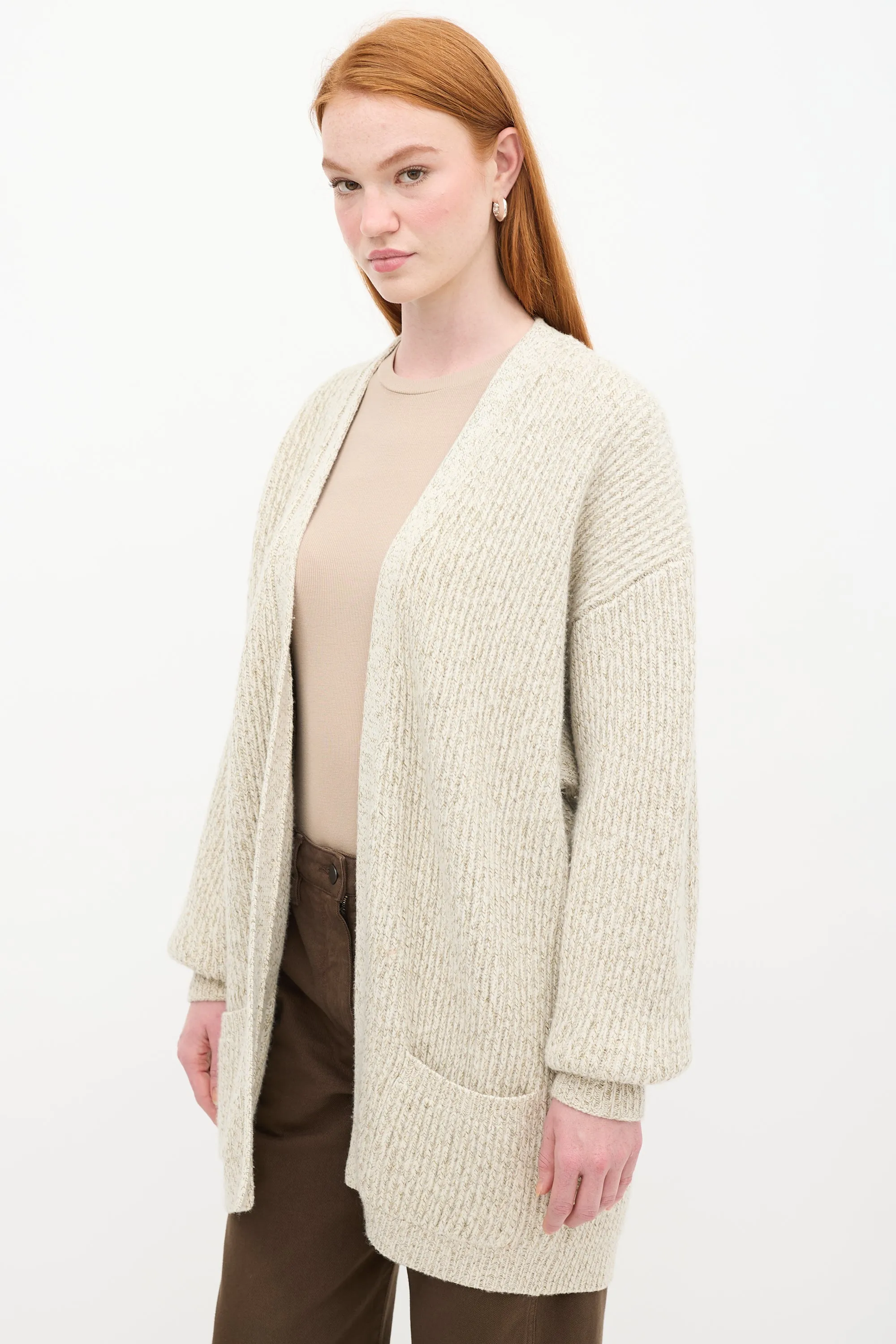 Beige Wool Marbled Knit Cardigan
