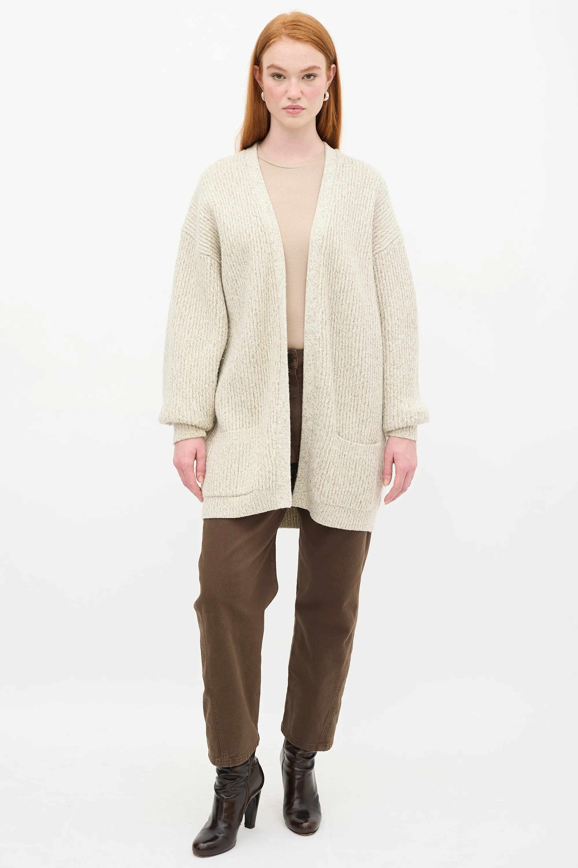 Beige Wool Marbled Knit Cardigan