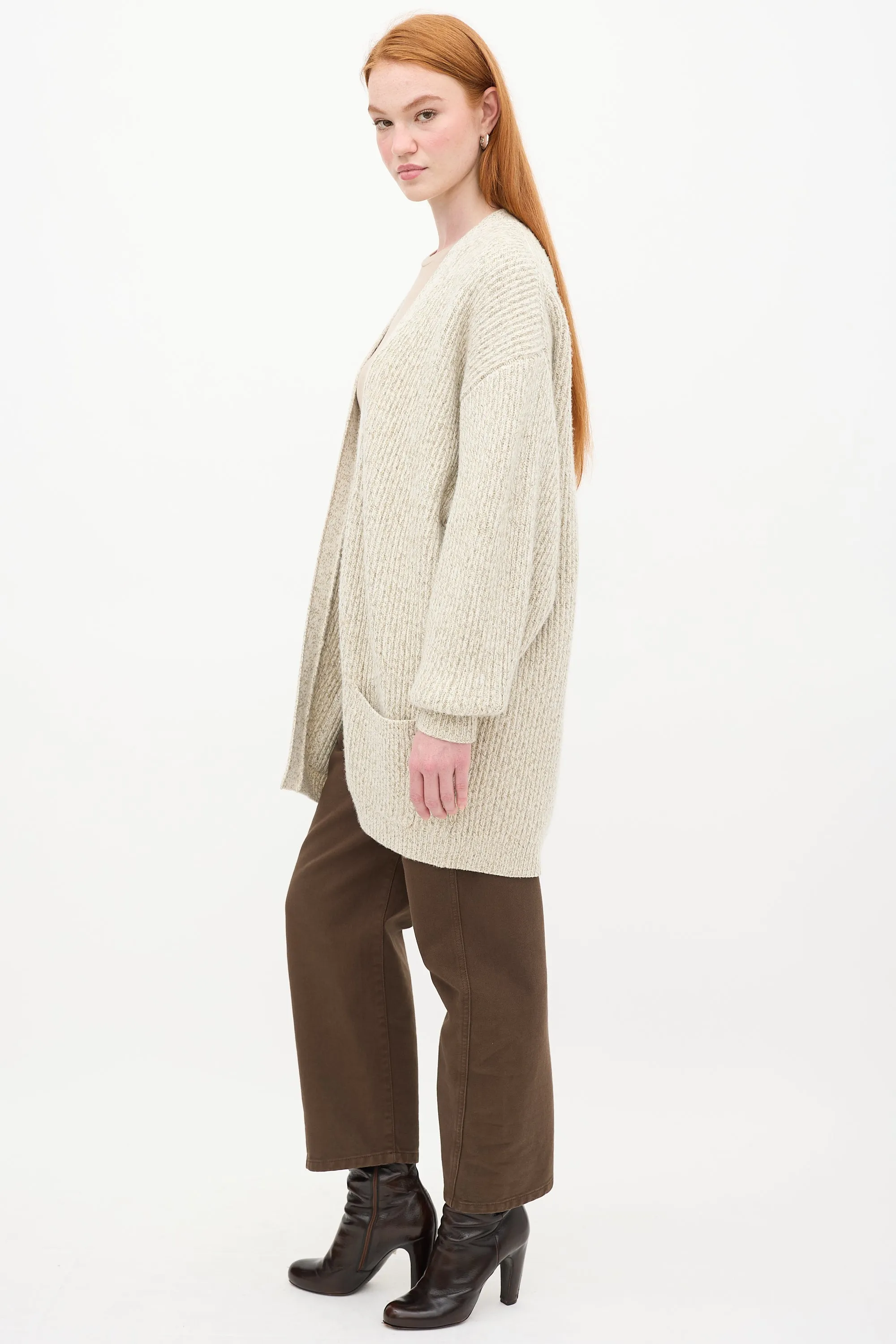 Beige Wool Marbled Knit Cardigan