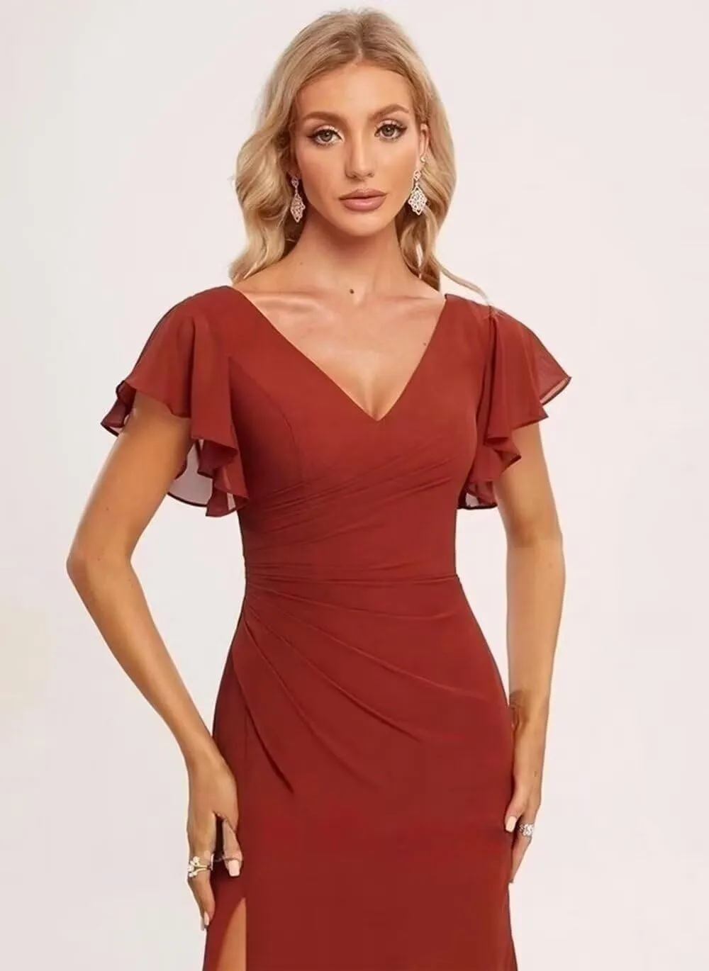 BITALY V Neck Bridesmaid Dresses with Slit Short Sleeve Pleated 2025 Chiffon Evening Maxi Gown BI173