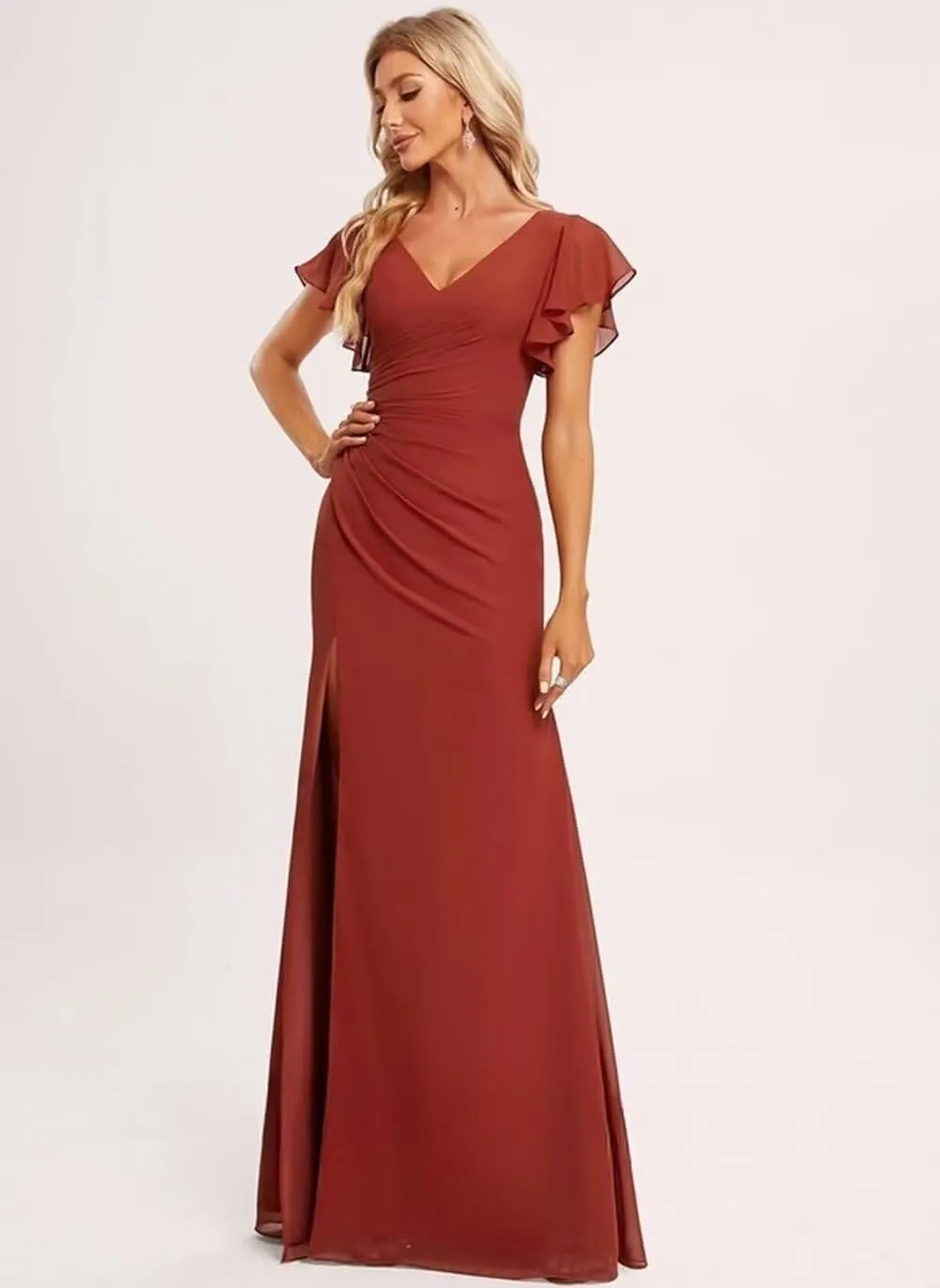 BITALY V Neck Bridesmaid Dresses with Slit Short Sleeve Pleated 2025 Chiffon Evening Maxi Gown BI173