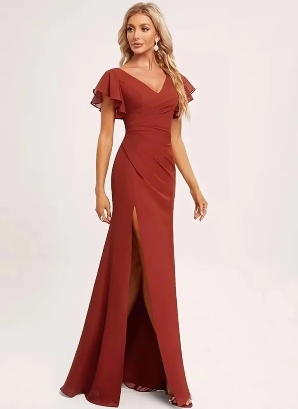 BITALY V Neck Bridesmaid Dresses with Slit Short Sleeve Pleated 2025 Chiffon Evening Maxi Gown BI173