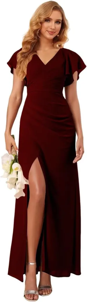 BITALY V Neck Bridesmaid Dresses with Slit Short Sleeve Pleated 2025 Chiffon Evening Maxi Gown BI173