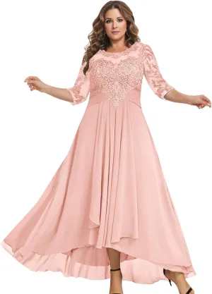 BONOYUER Tea Length Mother of The Bride Dresses for Women A Line Chiffon High Low Formal Evening Gown with Sleeves