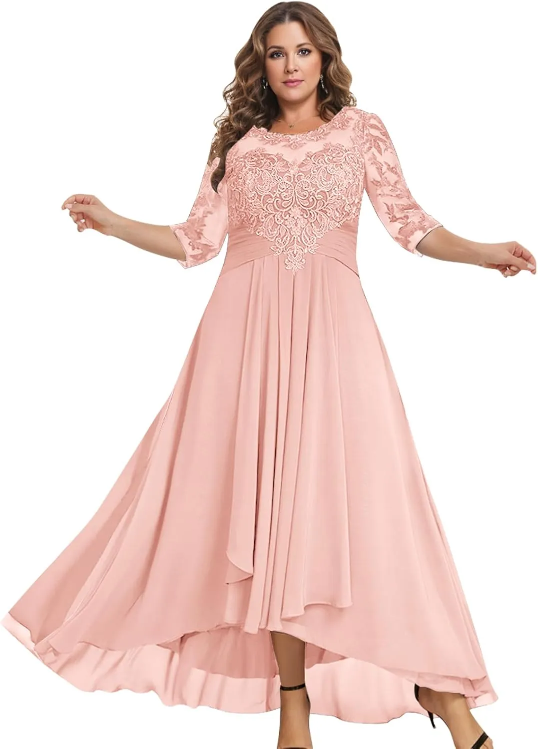 BONOYUER Tea Length Mother of The Bride Dresses for Women A Line Chiffon High Low Formal Evening Gown with Sleeves