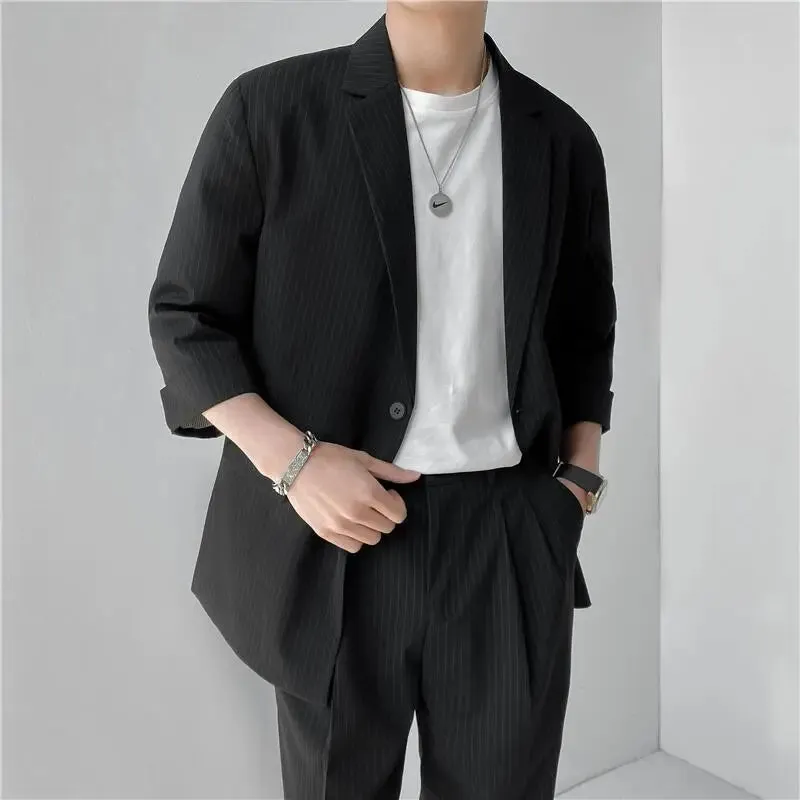 Bonsir (Blazers   Pants) 2024 Fashion Summer Seven Point Sleeve Stripe Casual Coat Men Single-breasted Simple Loose Suits 2 Piece Set