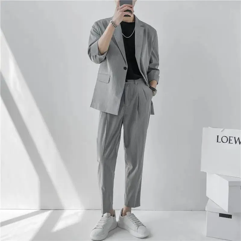 Bonsir (Blazers   Pants) 2024 Fashion Summer Seven Point Sleeve Stripe Casual Coat Men Single-breasted Simple Loose Suits 2 Piece Set