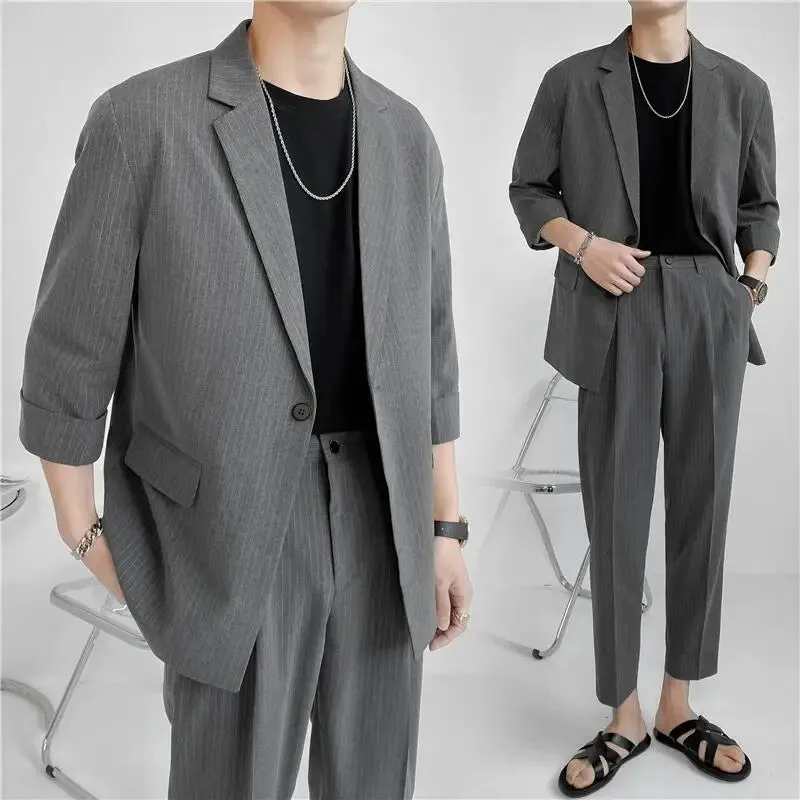 Bonsir (Blazers   Pants) 2024 Fashion Summer Seven Point Sleeve Stripe Casual Coat Men Single-breasted Simple Loose Suits 2 Piece Set