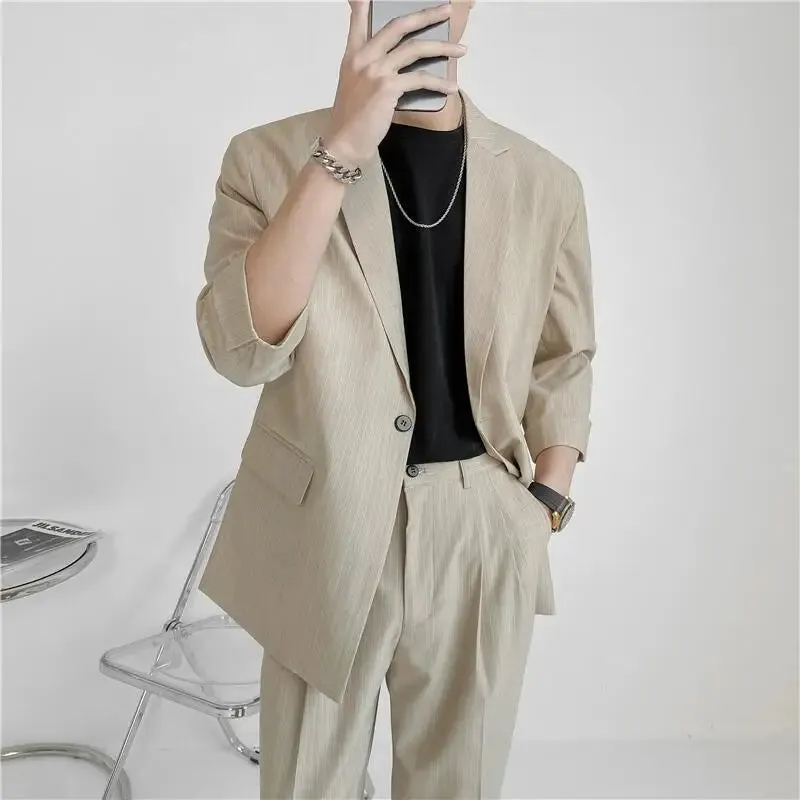 Bonsir (Blazers   Pants) 2024 Fashion Summer Seven Point Sleeve Stripe Casual Coat Men Single-breasted Simple Loose Suits 2 Piece Set