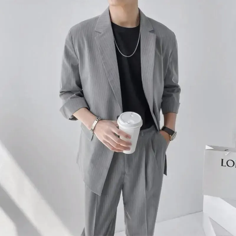 Bonsir (Blazers   Pants) 2024 Fashion Summer Seven Point Sleeve Stripe Casual Coat Men Single-breasted Simple Loose Suits 2 Piece Set
