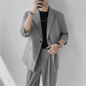 Bonsir (Blazers   Pants) 2024 Fashion Summer Seven Point Sleeve Stripe Casual Coat Men Single-breasted Simple Loose Suits 2 Piece Set