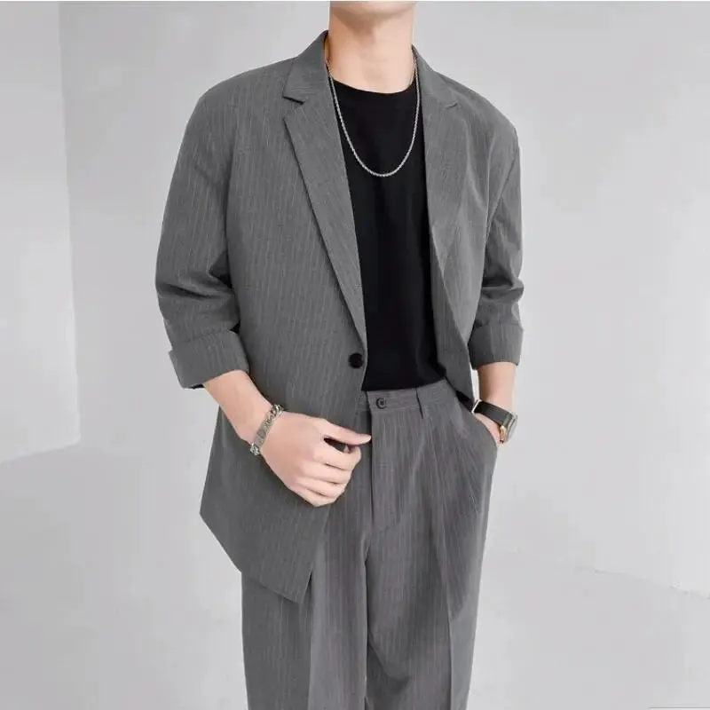 Bonsir (Blazers   Pants) 2024 Fashion Summer Seven Point Sleeve Stripe Casual Coat Men Single-breasted Simple Loose Suits 2 Piece Set