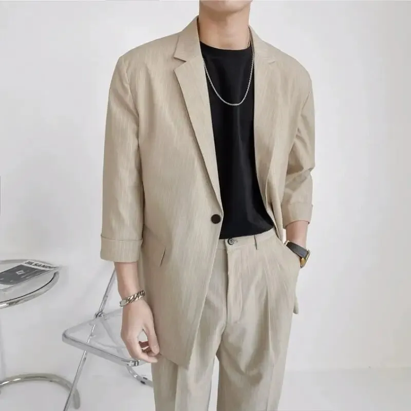 Bonsir (Blazers   Pants) 2024 Fashion Summer Seven Point Sleeve Stripe Casual Coat Men Single-breasted Simple Loose Suits 2 Piece Set