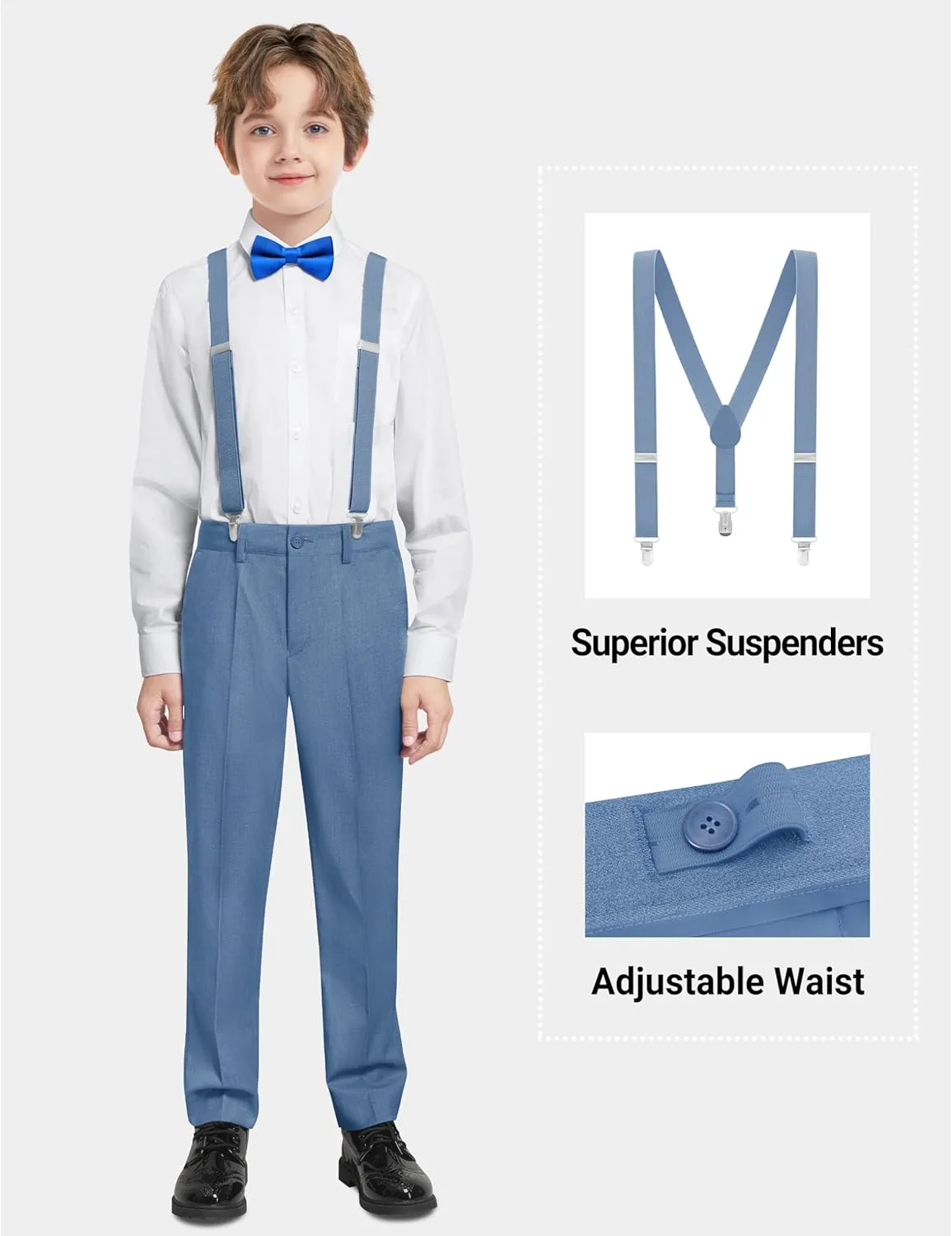 Boys Formal Suits Set, from Toddlers to Teen, Adjustable Waist, with Suspenders