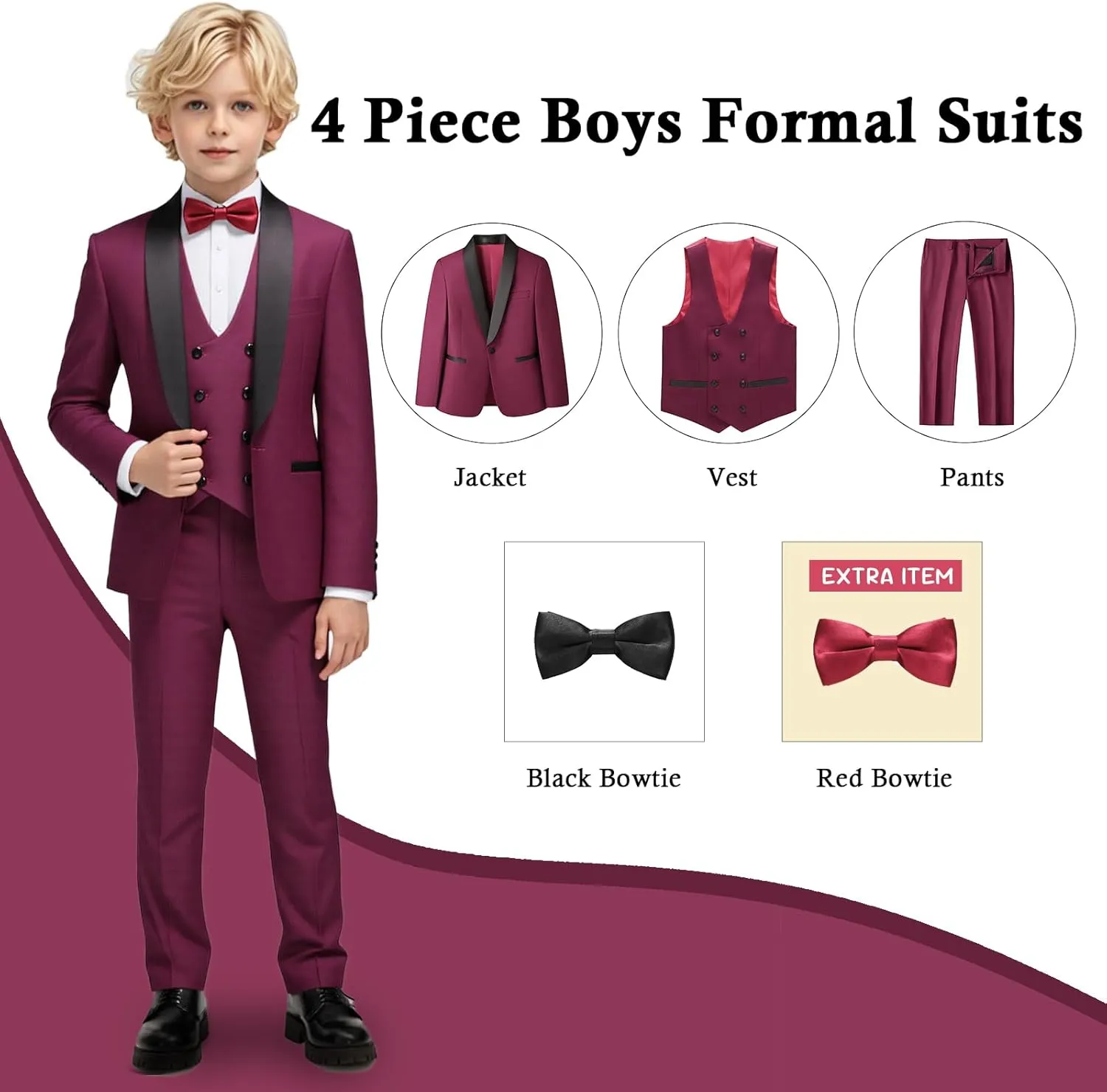 Boys Slim Fit Suits Formal Tuxedo 4 Piece Kids Dresswear Outfits with Vest Pants Jacket Bowtie Sets for Weddding