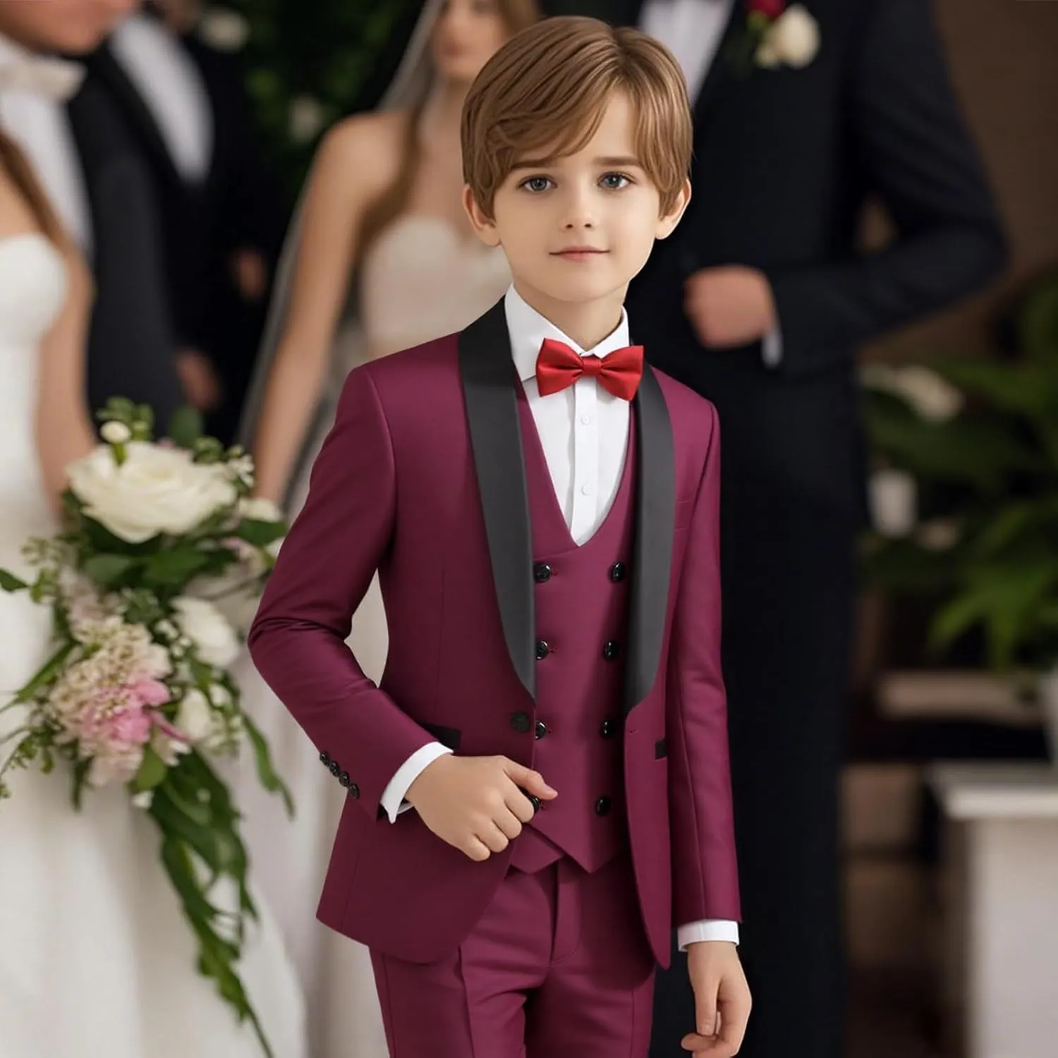 Boys Slim Fit Suits Formal Tuxedo 4 Piece Kids Dresswear Outfits with Vest Pants Jacket Bowtie Sets for Weddding