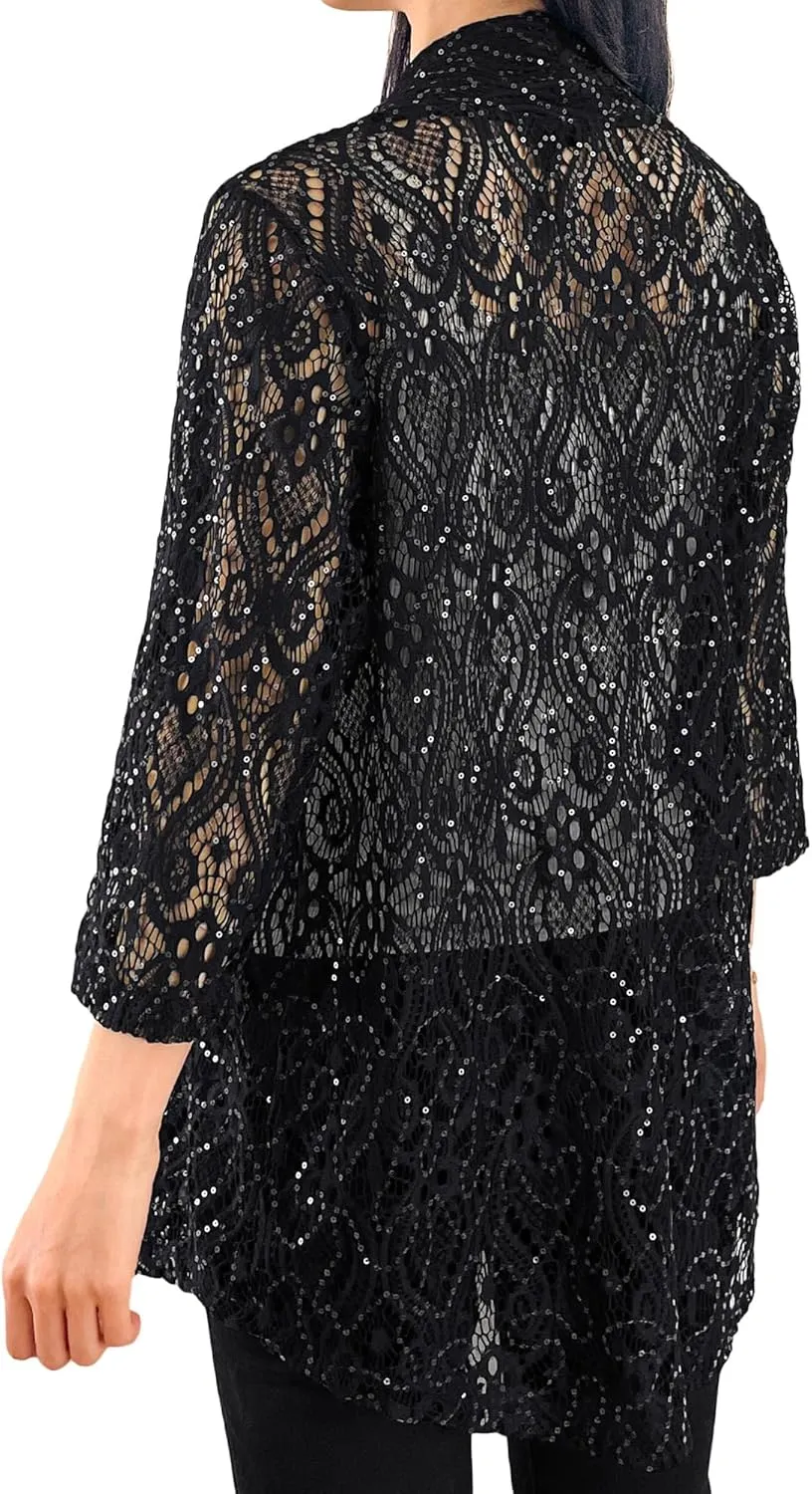 Brittany Black Womens 3/4 Sleeve Floral Lace Cardigan