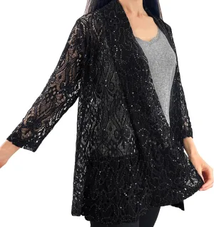 Brittany Black Womens 3/4 Sleeve Floral Lace Cardigan