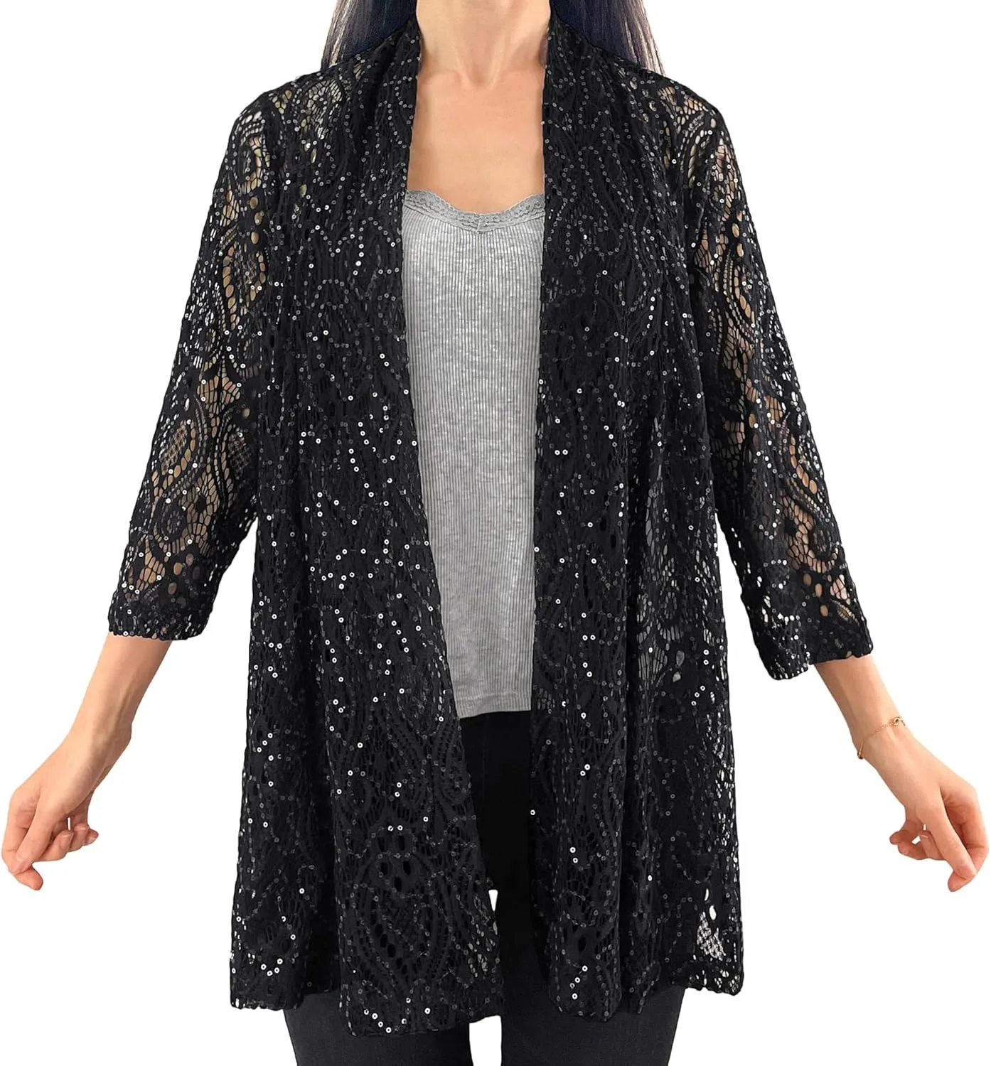 Brittany Black Womens 3/4 Sleeve Floral Lace Cardigan