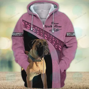 Bullmastiff Love Pink Never Walk Alone 3D Full Print Shirts, Dog Memorial Gifts for loss of Dog, Christmas Shirt for Dog Lovers