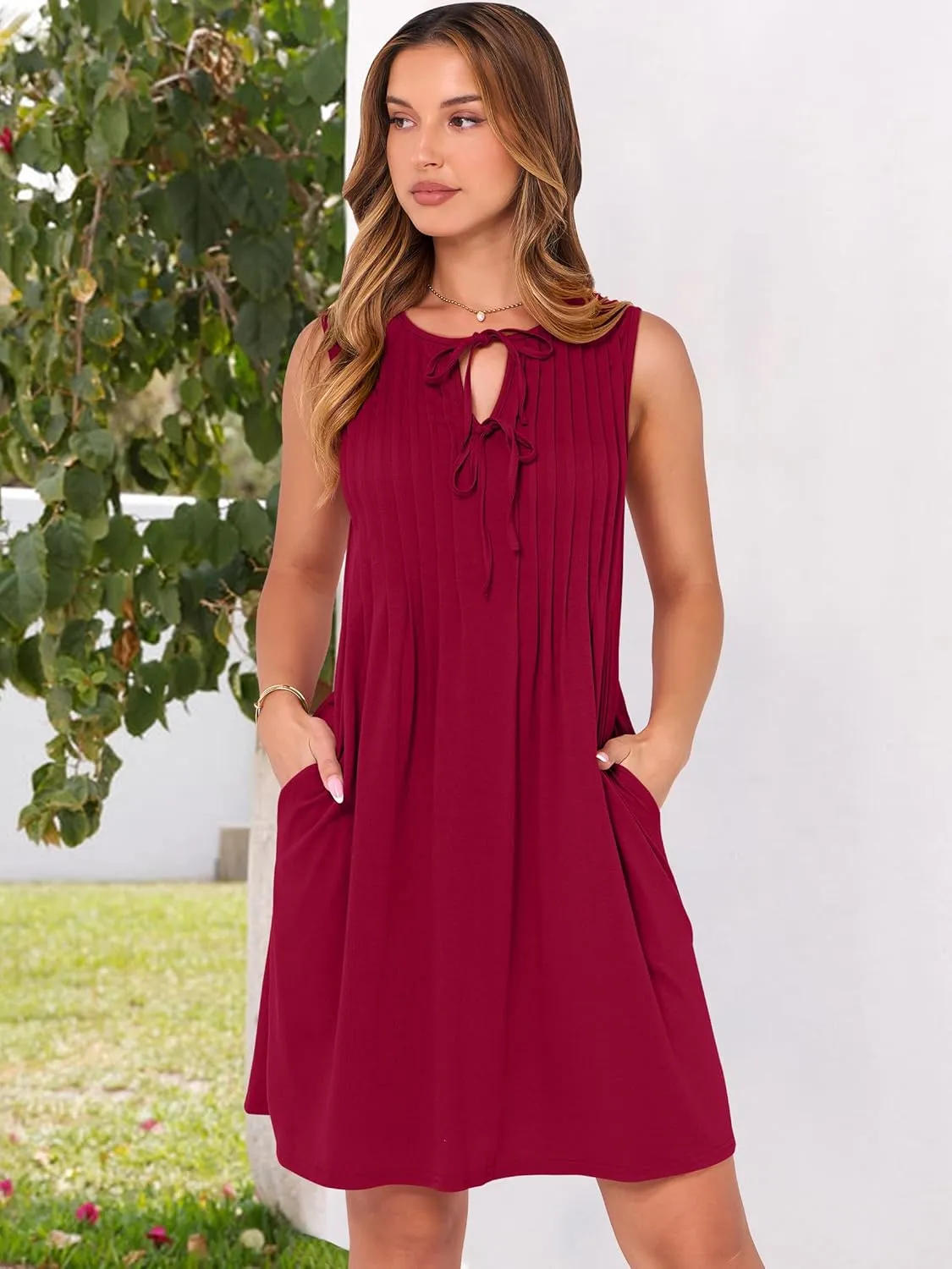 Caracilia Dresses for Women Summer Casual Sleeveless Self Tie Front Pleated Mini Sundress Swing Beach Vacation Dress 2025