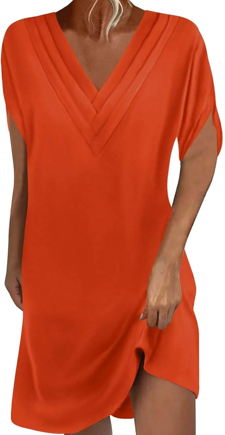 Casual Dresses for Women 2025 Solid V Neck Batwing Sleeve Mini Dress Summer Going Out Dress for Ladies