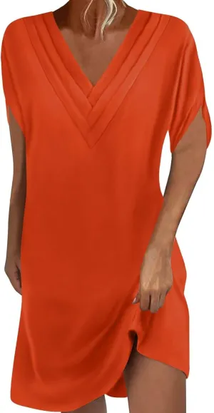 Casual Dresses for Women 2025 Solid V Neck Batwing Sleeve Mini Dress Summer Going Out Dress for Ladies