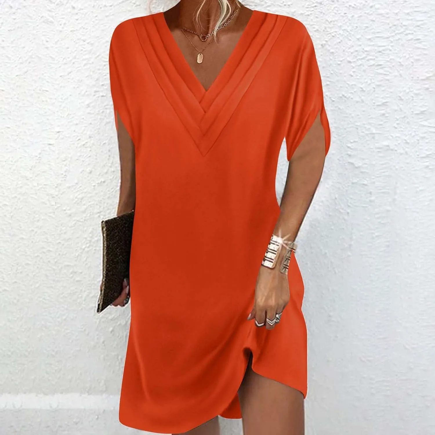 Casual Dresses for Women 2025 Solid V Neck Batwing Sleeve Mini Dress Summer Going Out Dress for Ladies