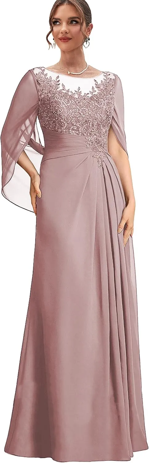 Chiffon Lace Mother of The Bride Dresses with Cape Long Formal Dress Corset Evening Gowns for Women
