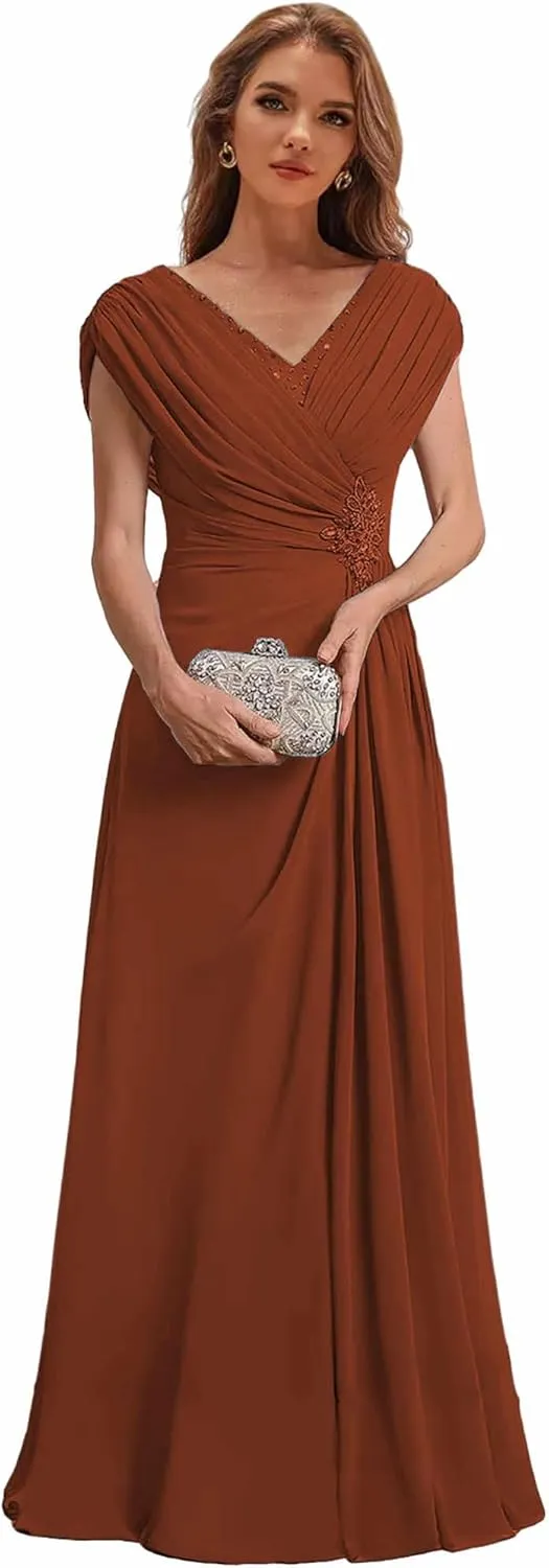 Chiffon Mother of The Bride Dresses with Cap Sleeves for Wedding Beaded Long Formal Dress