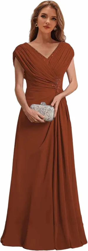 Chiffon Mother of The Bride Dresses with Cap Sleeves for Wedding Beaded Long Formal Dress