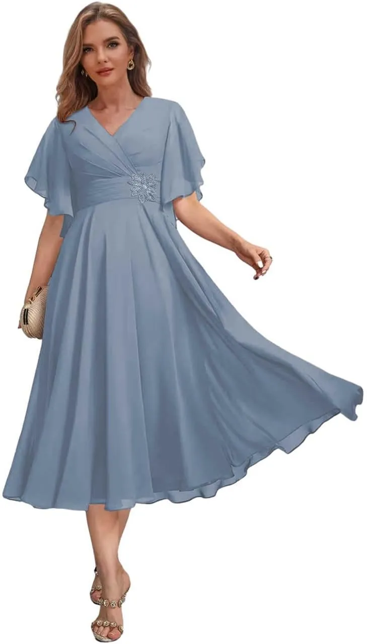 Chiffon Mother of The Bride Dresses with Sleeves for Women Tea Length Formal Wedding Guest Dress