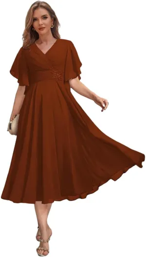 Chiffon Mother of The Bride Dresses with Sleeves for Women Tea Length Formal Wedding Guest Dress