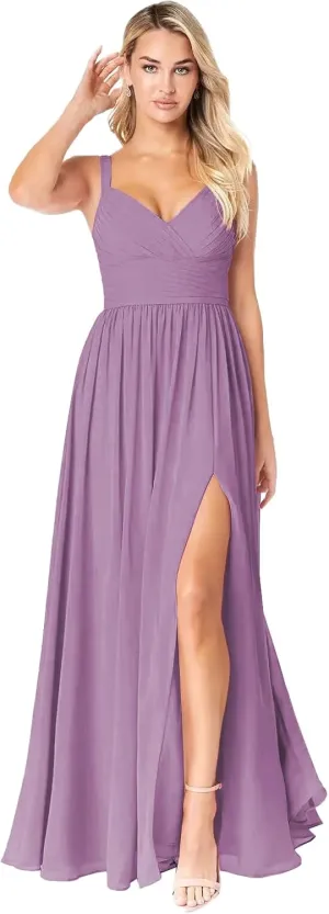 Chiffon V Neck Ruffle Bridesmaid Dress with Slit A-line Spaghetti Straps Ruched Formal Evening Dresses AU136