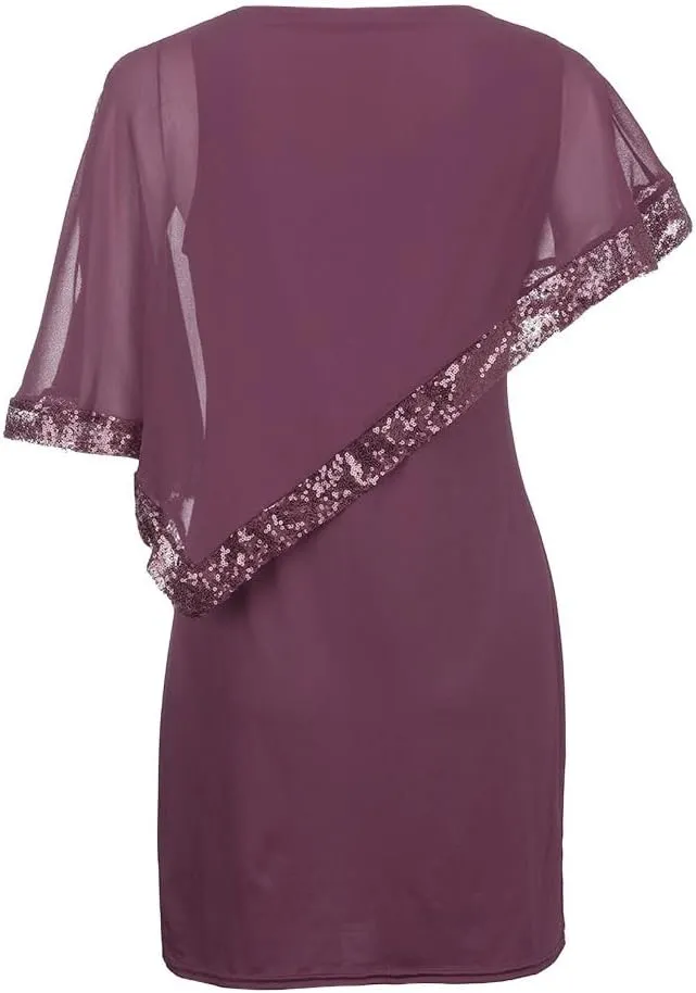 Cocktail Party Dress Women Elegant Cape Sleeve Chiffon Evening Dress Sleeveless Wedding Guest Pencil Dress Plus Size