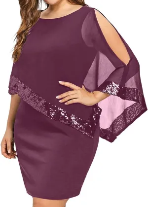 Cocktail Party Dress Women Elegant Cape Sleeve Chiffon Evening Dress Sleeveless Wedding Guest Pencil Dress Plus Size
