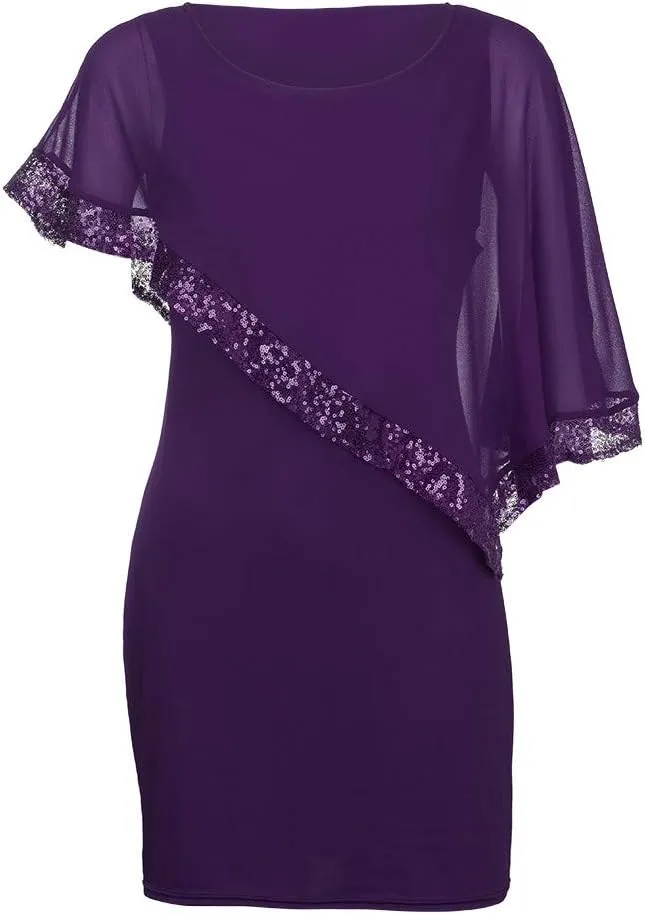 Cocktail Party Dress Women Elegant Cape Sleeve Chiffon Evening Dress Sleeveless Wedding Guest Pencil Dress Plus Size