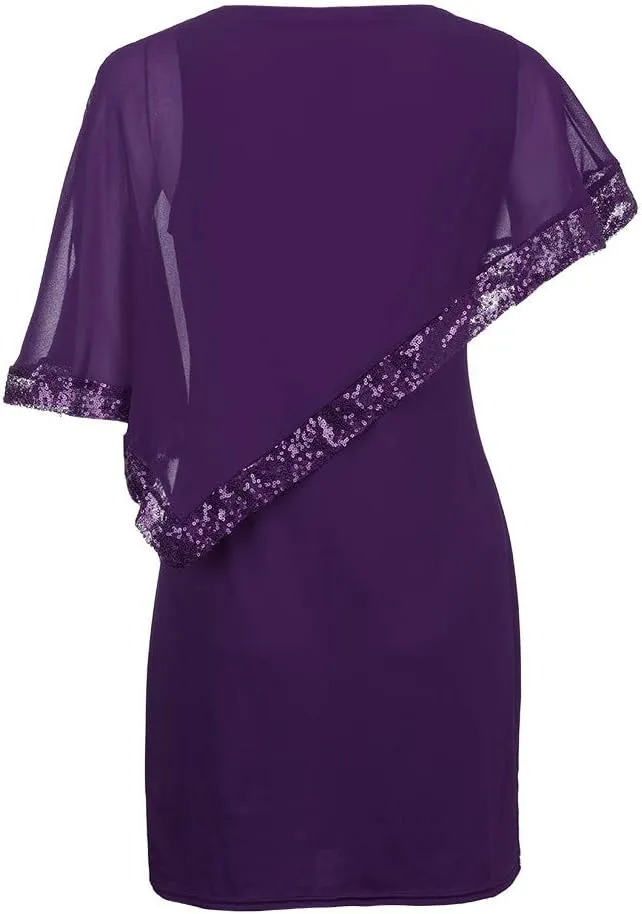 Cocktail Party Dress Women Elegant Cape Sleeve Chiffon Evening Dress Sleeveless Wedding Guest Pencil Dress Plus Size