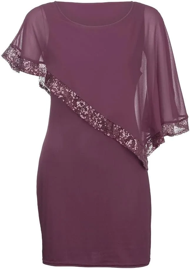 Cocktail Party Dress Women Elegant Cape Sleeve Chiffon Evening Dress Sleeveless Wedding Guest Pencil Dress Plus Size