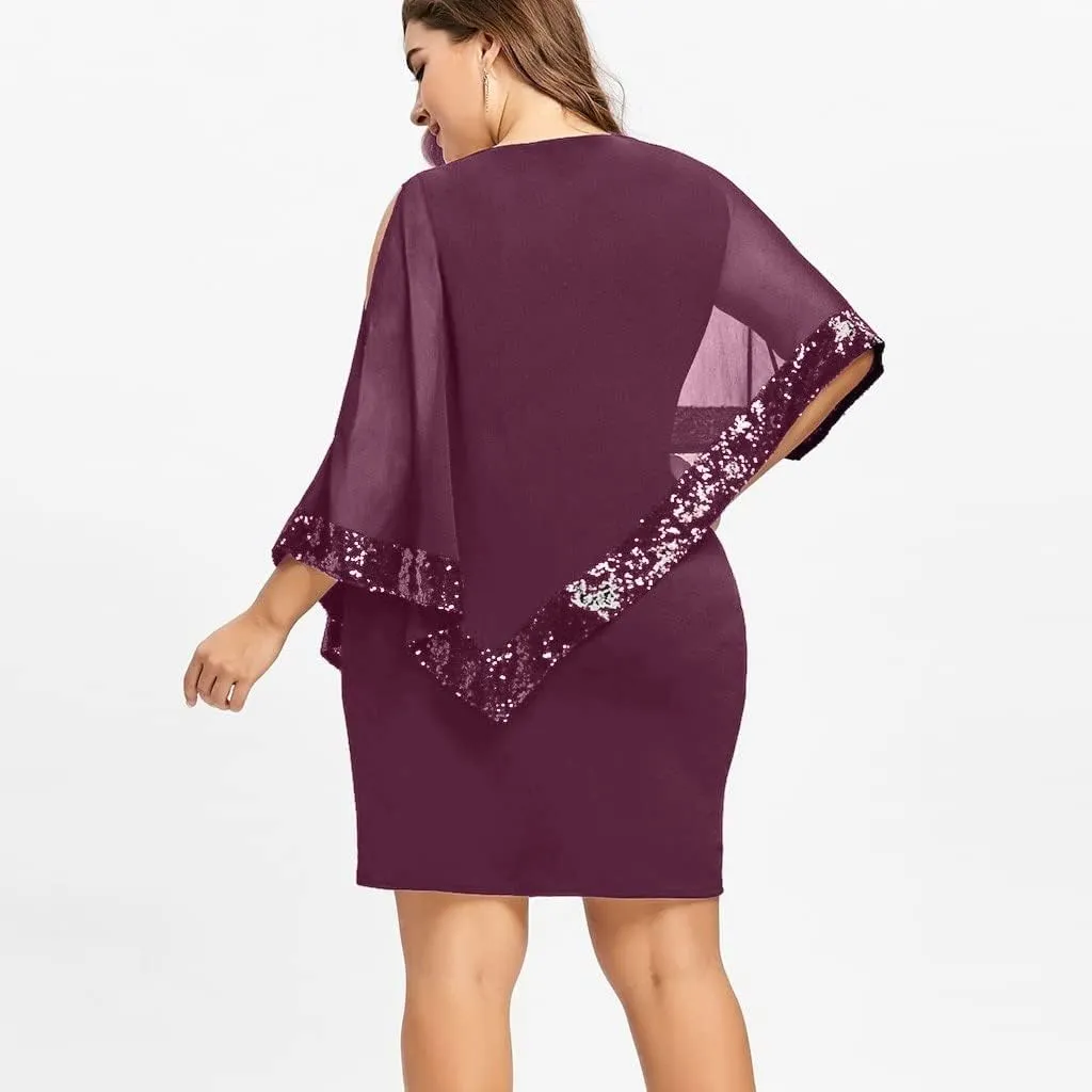 Cocktail Party Dress Women Elegant Cape Sleeve Chiffon Evening Dress Sleeveless Wedding Guest Pencil Dress Plus Size
