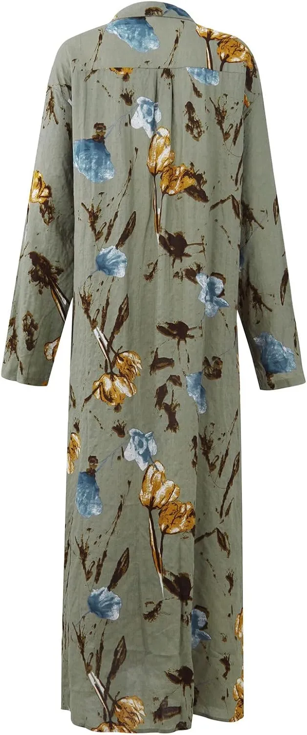 Cotton Linen Dresses for Women,2024 Summer Trendy Lapel Button Down Maxi Dress,Casual Loose Long Sleeve Beach Dress