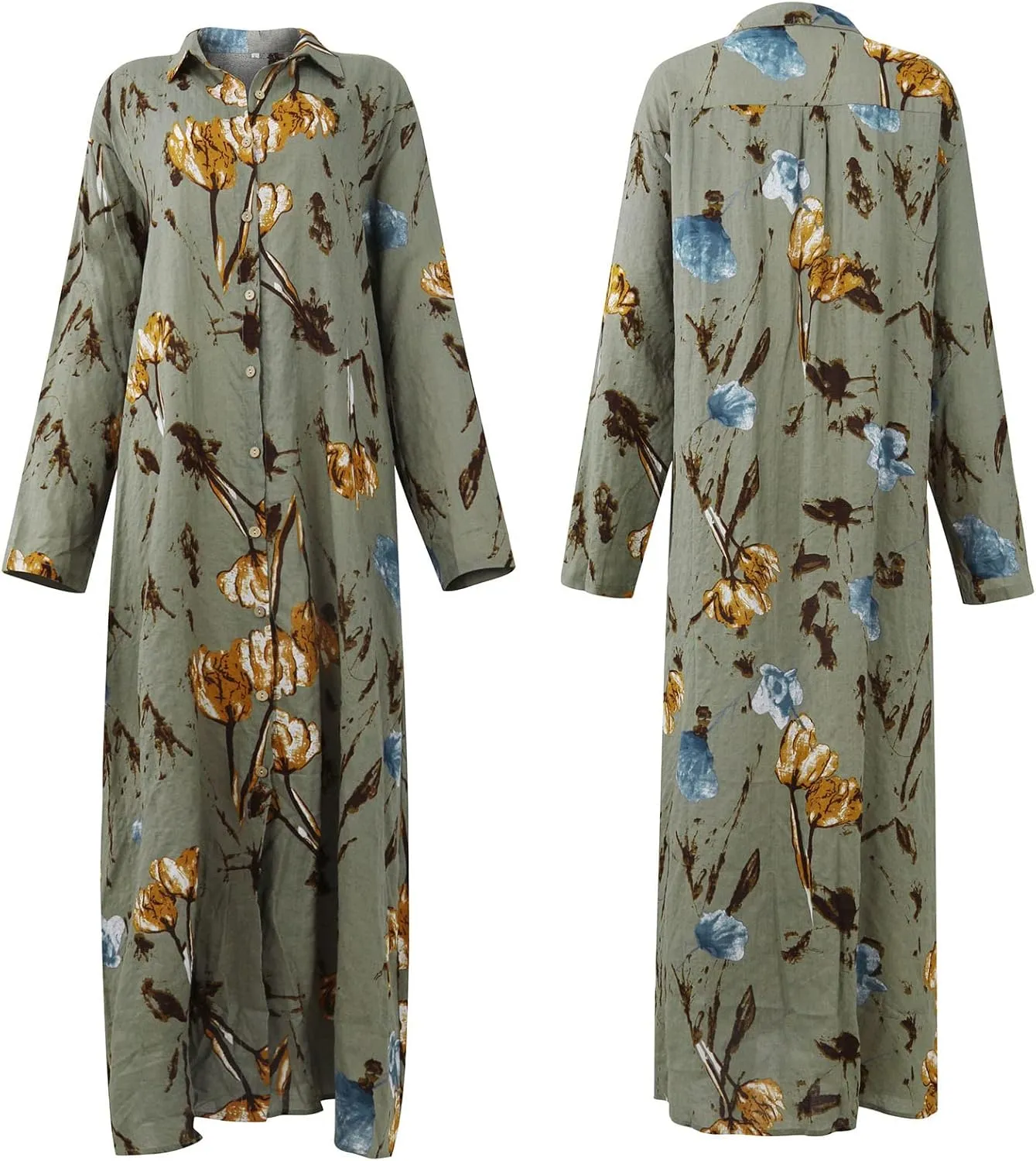 Cotton Linen Dresses for Women,2024 Summer Trendy Lapel Button Down Maxi Dress,Casual Loose Long Sleeve Beach Dress