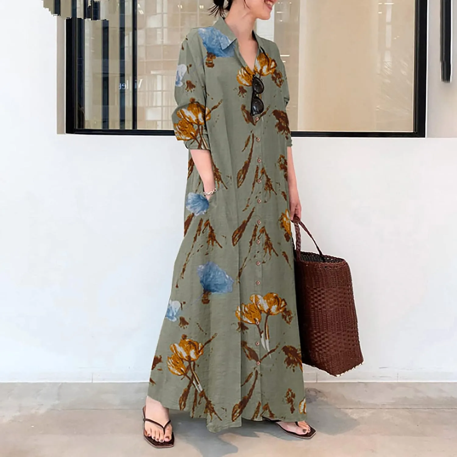 Cotton Linen Dresses for Women,2024 Summer Trendy Lapel Button Down Maxi Dress,Casual Loose Long Sleeve Beach Dress