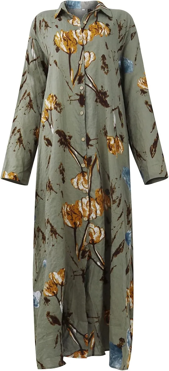 Cotton Linen Dresses for Women,2024 Summer Trendy Lapel Button Down Maxi Dress,Casual Loose Long Sleeve Beach Dress