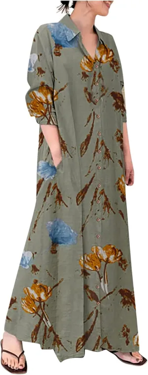 Cotton Linen Dresses for Women,2024 Summer Trendy Lapel Button Down Maxi Dress,Casual Loose Long Sleeve Beach Dress